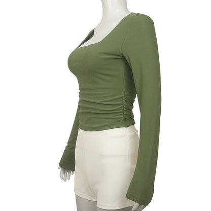 Square-Cut Collar T-shirt Slim Long Sleeve Tops Sexy Woman Clothing Both Side Pleats Tee Shirt Autumn & Winter 2025 New 2524