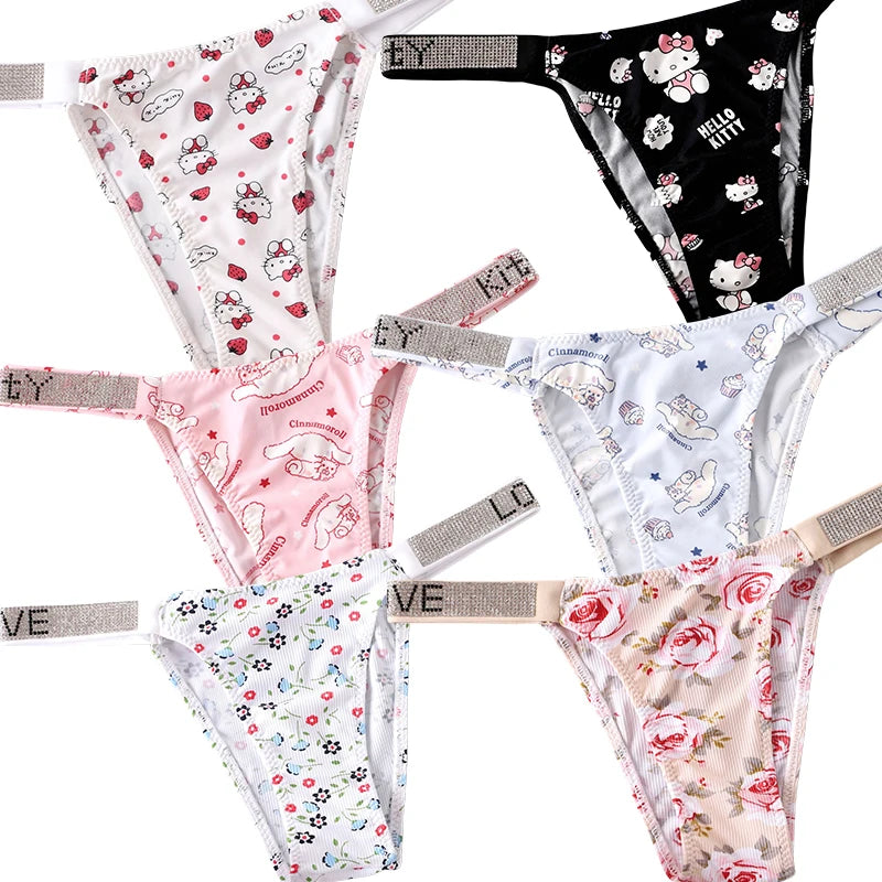 Sexy Kawaii KT Cinnamoroll Women Underwear Anime Cartoon Girls Low-waist T-pants Underpants Female Summer Thin Rhinestone Briefs
