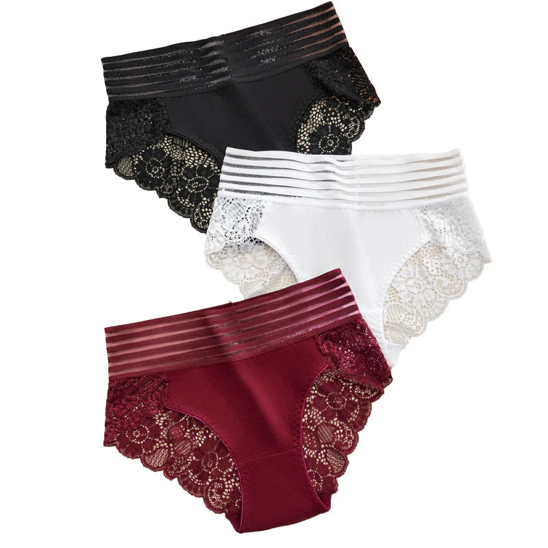 3PCS Plus Size Women Underwear High Waisted Briefs Sexy Lace Panties Soft Breathable Comfortable Solid Color Underpants