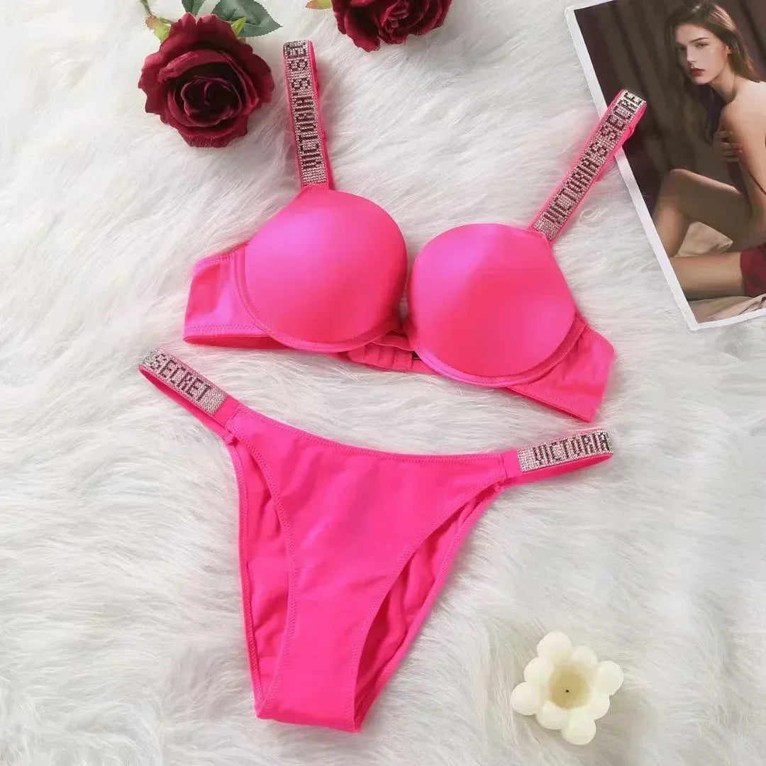 New Women Underwear Lingerie Set 2 Piece Push Up Bra and Panty Summer Lace Rhinestone Letter Brand Design Underwear Bras