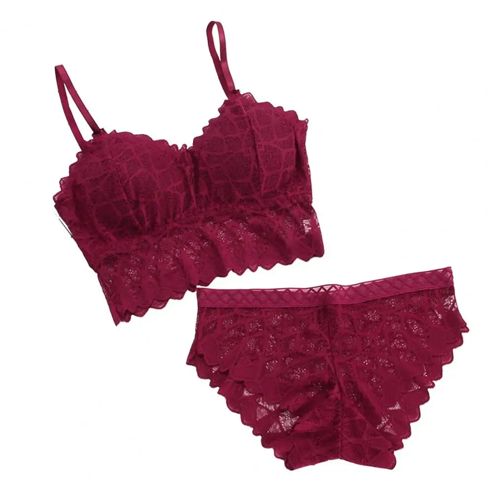 2 Pcs/Set Women Underwear Set Solid Color Hollow Out Lace Adjustable Strap Seamless Wireless High Waist Soft Elastic Anti-septic