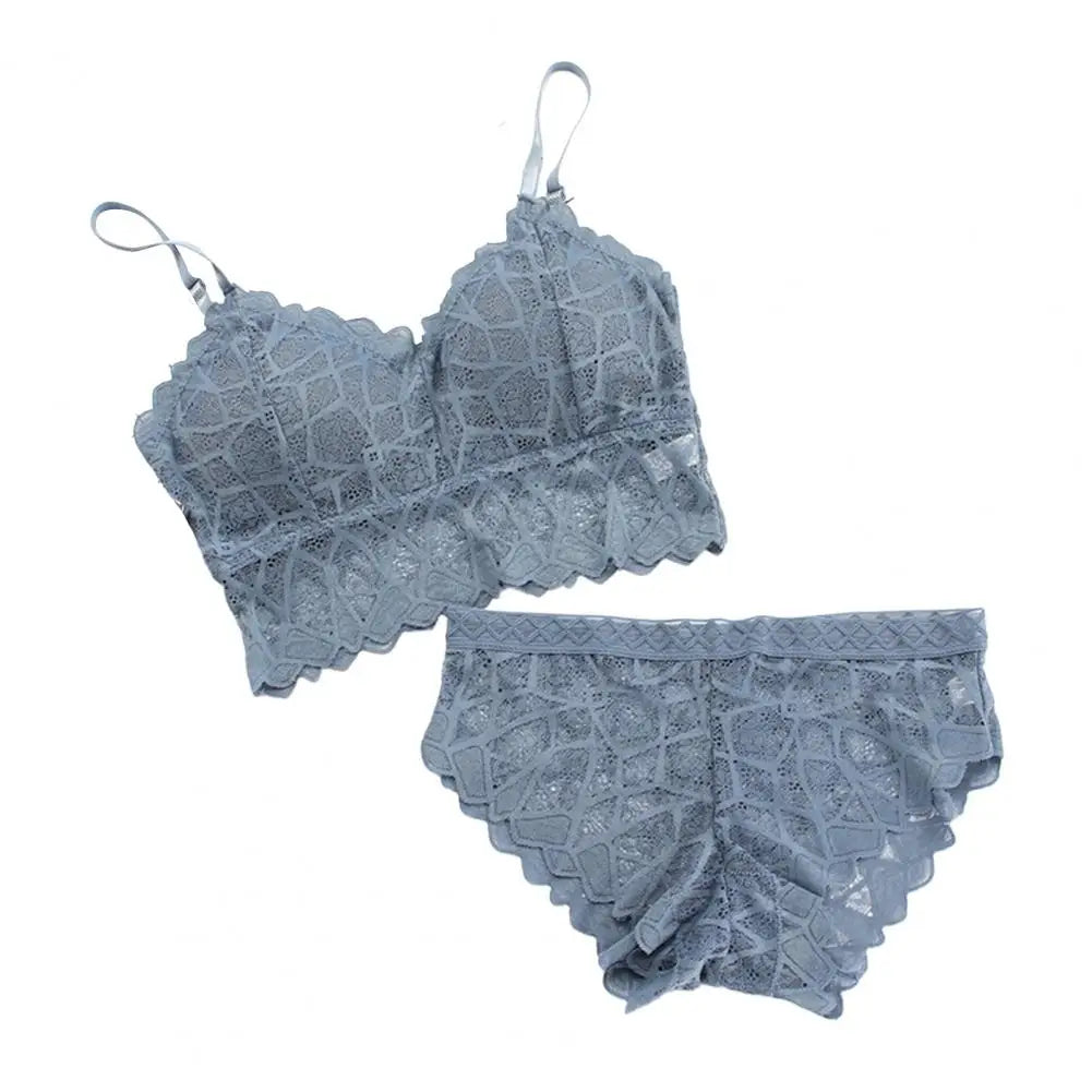 2 Pcs/Set Women Underwear Set Solid Color Hollow Out Lace Adjustable Strap Seamless Wireless High Waist Soft Elastic Anti-septic