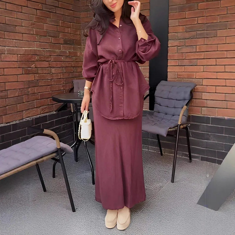Woman Clothing Elegant Two-piece Dress Sets Turn-down Collar Button Shirt+High Waist Skirt Suit Vintage Solid Tie-up Slim Outfit