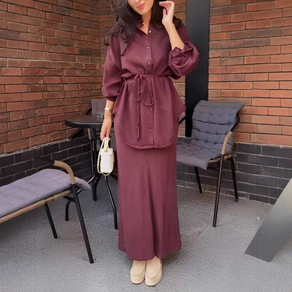 Woman Clothing Elegant Two-piece Dress Sets Turn-down Collar Button Shirt+High Waist Skirt Suit Vintage Solid Tie-up Slim Outfit