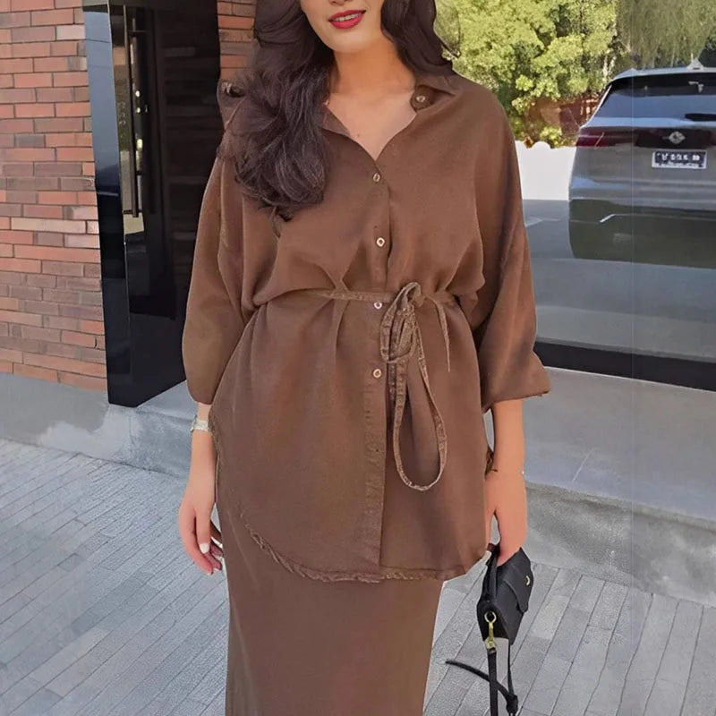 Woman Clothing Elegant Two-piece Dress Sets Turn-down Collar Button Shirt+High Waist Skirt Suit Vintage Solid Tie-up Slim Outfit
