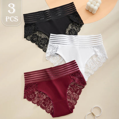 3PCS Plus Size Women Underwear High Waisted Briefs Sexy Lace Panties Soft Breathable Comfortable Solid Color Underpants