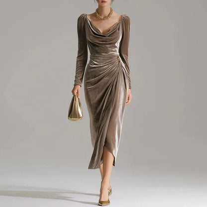 Fall Elegant Ruched U Neck Velvet Woman Clothing Sexy Solid High Waist Split Party Dresses Winter Long Sleeve Slim Pleated Dress