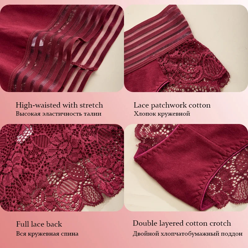 3PCS Plus Size Women Underwear High Waisted Briefs Sexy Lace Panties Soft Breathable Comfortable Solid Color Underpants