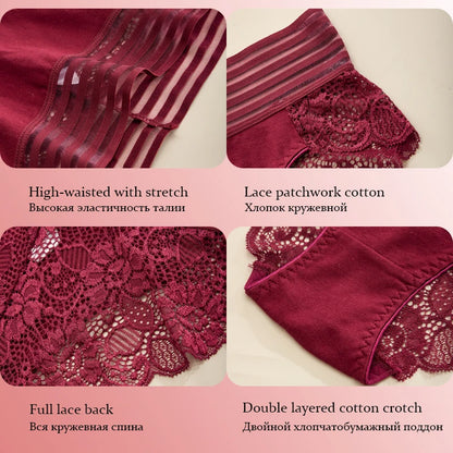 3PCS Plus Size Women Underwear High Waisted Briefs Sexy Lace Panties Soft Breathable Comfortable Solid Color Underpants