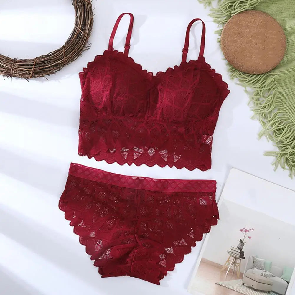 2 Pcs/Set Women Underwear Set Solid Color Hollow Out Lace Adjustable Strap Seamless Wireless High Waist Soft Elastic Anti-septic