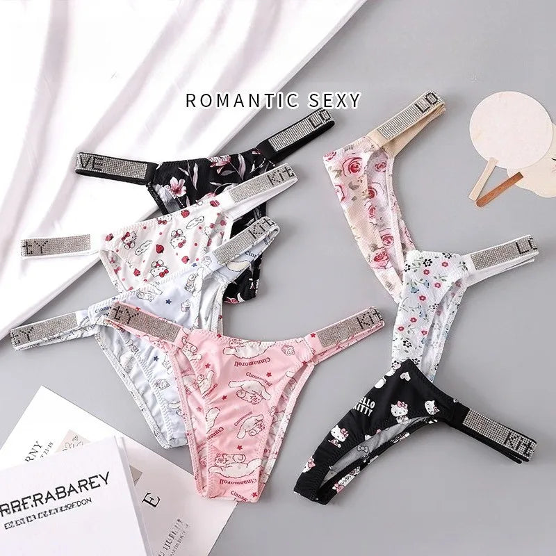 Sexy Kawaii KT Cinnamoroll Women Underwear Anime Cartoon Girls Low-waist T-pants Underpants Female Summer Thin Rhinestone Briefs